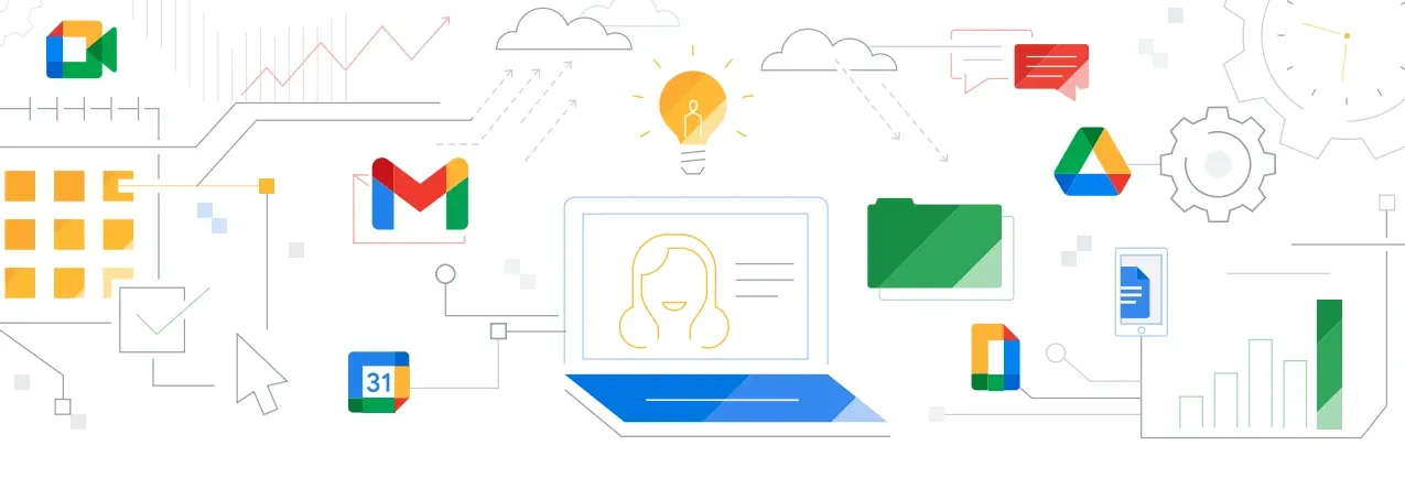 An abstract drawing of a laptop with Google Workspace applications
